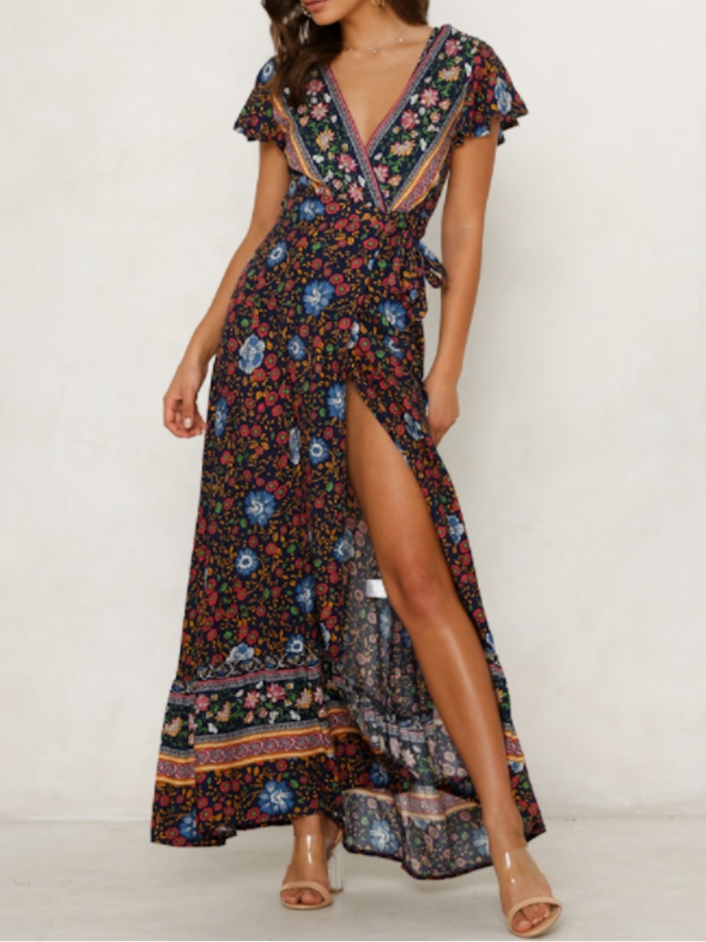 Bohemian Floral Wrap Maxi Dress - Black Floral
